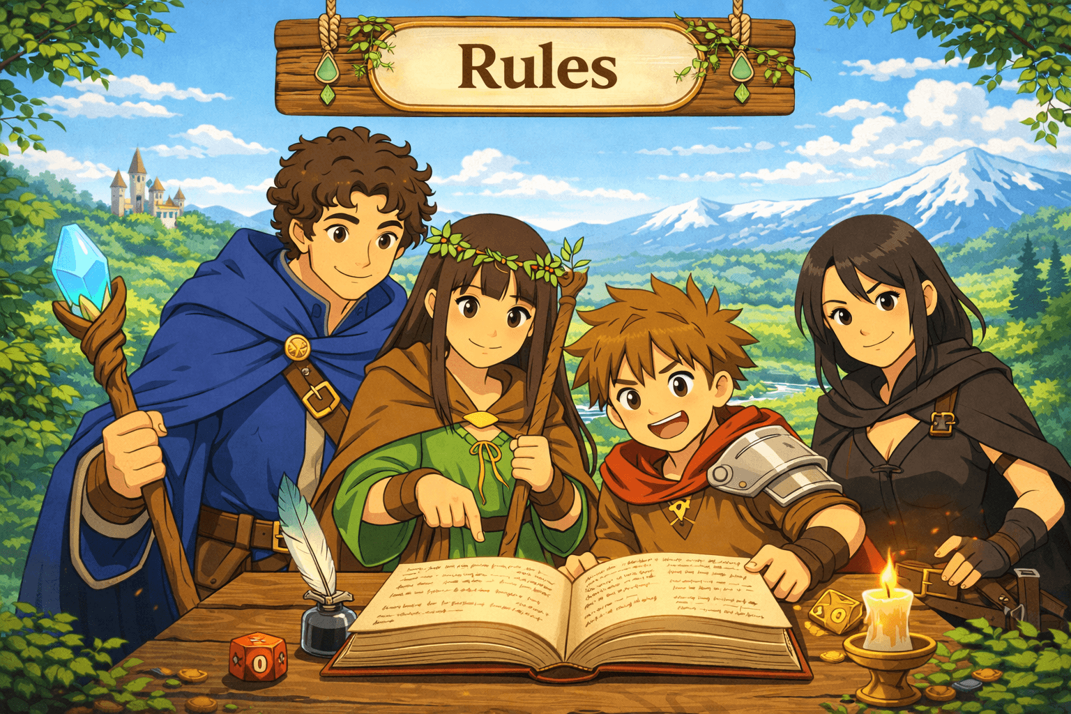 Adventurers studying a rulebook outdoors.