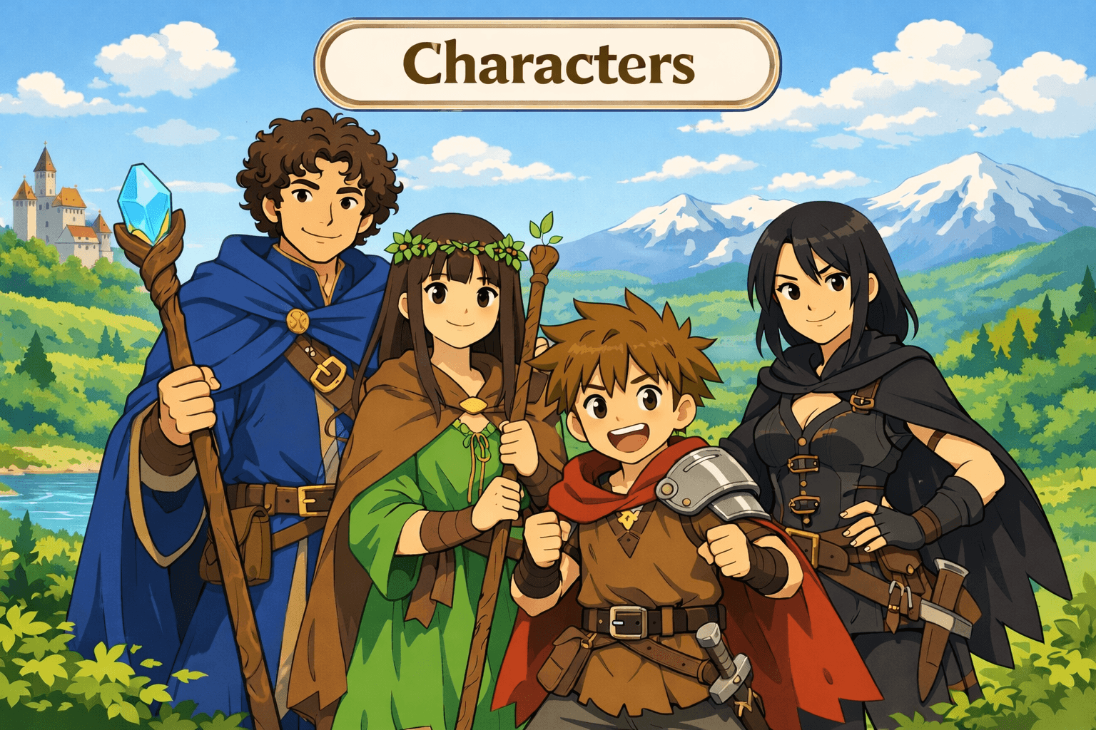 Fantasy adventurers standing together in a magical landscape.