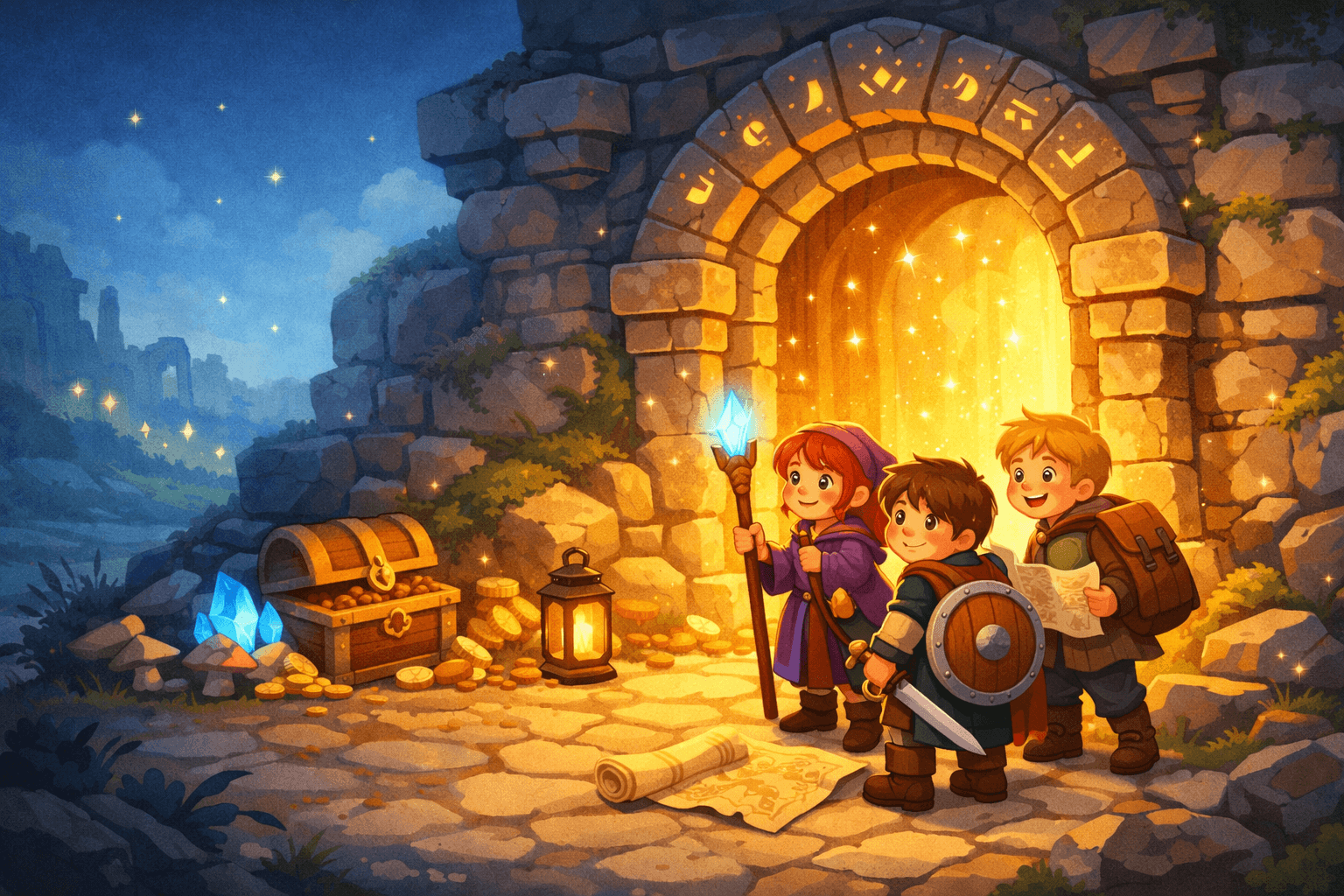 Three young adventurers standing at the glowing entrance to a magical dungeon.